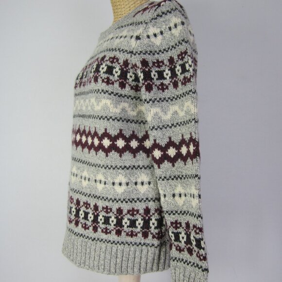 LL Bean Women XS Gray Maroon Black Fair Isle Nordic Lambswool Sweater Wool - Picture 8 of 12
